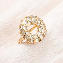 Прозрачный Регулируемые латунные кольца-манжеты с микропаве из кубического циркония для женщин, плоско-круглые, реальный 16 k позолоченный, прозрачные, 20.5 мм, регулируемый