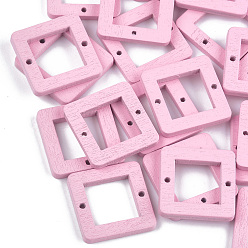 Pink Painted Poplar Wood Links, Square, Pink, 23x23x3mm, Hole: 1.4mm