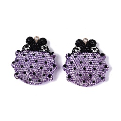 Tanzanite Handmade Polymer Clay & Rhinestone Big Pendants, Beetle Charms, with Iron Loops, Light Gold, Tanzanite, 50~51x45x14~15mm, Hole: 2~2.5mm