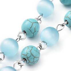 Synthetic Turquoise Handmade Synthetic Turquoise Beaded Chains, Unwelded, with Cat Eye Beads and 304 Stainless Steel Eye Pin, Round, Stainless Steel Color, 15x8mm, 39.37 inch(1m)/strand
