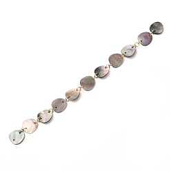 Black Handmade Flat Round Black Lip Shell Link Chains, with 304 Stainless Steel Open Jump Rings, Golden, Black, 11x12x1mm, 39-3/8 inch(100cm)/strand