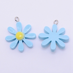 Светло-Голубой Подвески из смолы, с платиновыми железными петлями, маргаритка, светло-голубые, 28x23.5x2 мм, отверстие : 2 мм