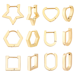 Golden 6 Pairs 6 Style 304 Stainless Steel Huggie Hoop Earrings, Oval & Hexagon & Square & Star & Heart, Golden, 14~20x12.5~21x3mm, Pin: 1mm, 1 pair/style