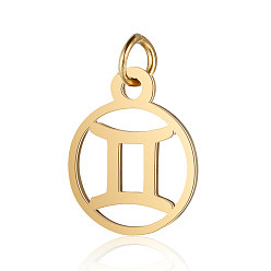 Gemini 201 Stainless Steel Charms, with Jump Rings, Polished, Flat Round with Constellation, Golden, Gemini, 13x11x1mm, Hole: 2.5mm