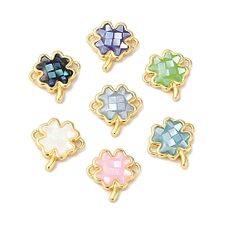 Mixed Color Epoxy Resin & Shell Connector Charms, Rack Plating Brass Clover Links, 18K Gold Plated, Long-lasting Plated, Cadmium Free & Lead Free, Mixed Color, 12x9x3mm, Hole: 0.8mm