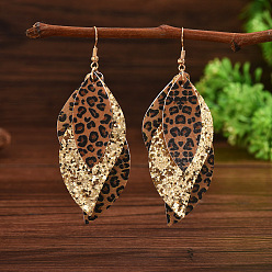 Золотой Серьги-подвески из искусственной кожи с леопардовым принтом в виде листьев, золотые, 83x35 мм