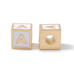 Letter A Стойки покрытие латунь эмаль бисер, без кадмия, без никеля и без свинца, реальный 18 k позолоченный, куб с письмом, серый, letter.a, 6x6x6 мм, отверстие : 2.5 мм
