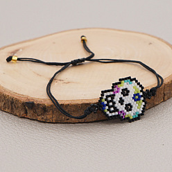 Черный Браслеты из стеклянных бусин с черепами на Хэллоуин, плетеные браслеты из полиэфирного шнура для женщин и мужчин, чёрные