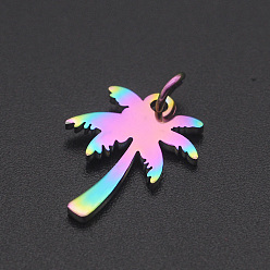 Rainbow Color Ion Plating(IP) 201 Stainless Steel Pendants, with Jump Ring, Coconut Tree, Laser Cut, Rainbow Color, 18x13x1mm, Hole: 3mm