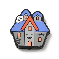 Haus Halloween-Silikonperlen, Fokalperlen, Kornblumenblau, Spukhaus, 25.5x26x7 mm, Bohrung: 2 mm