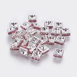 Розовый Латунные бусины разделители для поставки стразов, класс А, без никеля , серебрянный металл, квадратный, светло-розовый, 6x6x3 мм, отверстие : 1 мм