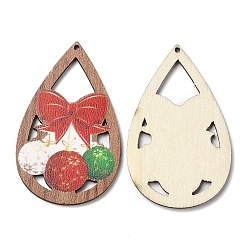 Red Single Face Printed Wood Big Pendants, Christmas Teardrop Charms with Bowknot, Red, 54x34x2.5mm, Hole: 1.8mm