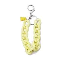 Champagne Yellow Acrylic Curb Chain Keychain, with Resin Bear Charm and Alloy Split Key Rings, Champagne Yellow, 17.7~18cm