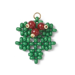 Зеленый Рождественские подвески ручной работы из стеклянных бусинок в виде листьев падуба остролистного, с 304 кольцами из нержавеющей стали, реальный 18 k позолоченный, зелёные, 25x21x6.5 мм, отверстие : 3 мм