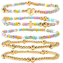 Letter P Summer Stainless Steel Heart Alphabet Colorful Glass Seed Beaded Stretch Bracelet Sets, Adjustable Stackable Brass Beaded Stretch Bracelets for Women, Golden, Letter P, 6.89 inch(17.5cm), 5pcs/set