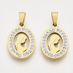 Golden 201 Stainless Steel Pendants, for Mothers' Day, with Random Size Snap On Bails and Polymer Clay Crystal Rhinestones, Oval with Mom, Golden, 21x15x2.5mm, Hole: 7~10x3~5mm