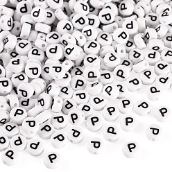 Letter P 500шт акриловые бусины, с горизонтальным отверстием, буквы, плоско-круглые, Письмо P, 7x4 мм, отверстие : 1 мм
