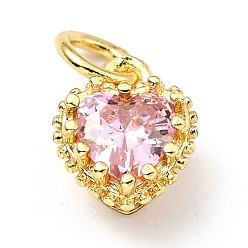 Pearl Pink Brass Micro Pave Mixed Color Cubic Zirconia Pendants, Real 18K Gold Plated, Long-Lasting Plated, Heart, Pearl Pink, 9.3x7.4x5.5mm, Hole: 3mm