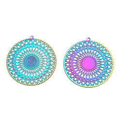 Rainbow Color Ионное покрытие (ip) 304 филигранные подвески из нержавеющей стали, гравированные металлические украшения, плоский круглый шарм, Радуга цветов, 36x34x0.3 мм, отверстие : 1.4 мм