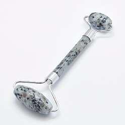 Sesame Jasper Natural Sesame Jasper/Kiwi Jasper Brass Face Massager, Facial Rollers, Platinum, 142~150x54~58x19~22mm