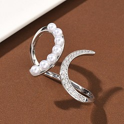 Платина Открытые кольца манжеты из латуни с микропаве и кубическим цирконием, с пластмассовой жемчужиной abs, без кадмия и без свинца, долговечный, стойки покрытие, платина, 18x35 мм