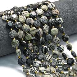 Камень Сетки Бусины из натурального черного камня, граненый шестиугольный разрез, плоско-круглые, с бисером, 10~10.5x6 мм, отверстие : 1 мм, около 31~32 шт / нитка, 15.35''~15.55'' (39~39.5 см)