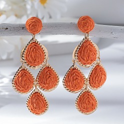 Темно-Оранжевый Серьги-гвоздики из сплава рафии в форме капли, золотые, темно-оранжевый, 85x45 мм