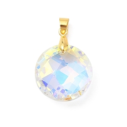 Прозрачный АВ Цвет AB покрытием стеклянные подвески, плоский круглый шарм, с помощью латунного ледоруба, золотые, граненые, ясно AB, 24.5x18x7.5 мм, отверстие : 5x4 мм