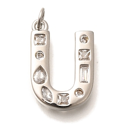 Letter U Латунные микропаве прозрачные подвески с фианитом, с целью перехода в кольце, без свинца и без кадмия, долговечный, стойки покрытие, письмо амулеты, платина, Буква U, 20.5x13.5x2.7 мм, Перейти кольцо: 5x1 мм, 3 mm внутреннего диаметра.
