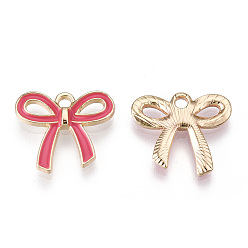 Hot Pink Light Gold Plated Alloy Pendants, with Enamel, Bowknot, Hot Pink, 16x18x2.5mm, Hole: 2mm