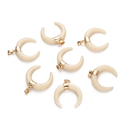 Creamy White Resin Pendants, with Brass Findings, Double Horn/Crescent Moon, Golden, Creamy White, 34~35x34x9mm, Hole: 6x3mm