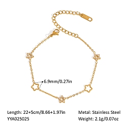 Звезда 304 Женские браслеты на лодыжку из нержавеющей стали с микропаве из прозрачных кубических цирконий, реальный 18 k позолоченный, звезда, 8-5/8 дюйм (22 см)