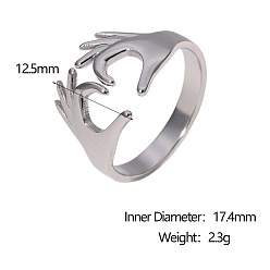 Couleur Acier Inoxydable 304 bagues ouvertes en acier inoxydable pour femmes, double main cœur, couleur inox, diamètre intérieur: 17.4 mm