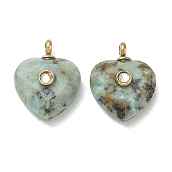 African Turquoise(Jasper) Natural African Turquoise(Jasper) Faceted Pendants, Heart Charms with 304 Stainless Steel Crystal Rhinestone Findings, Ion Plating(IP), Real 14K Gold Plated, 15.5~16x12x6~6.5mm, Hole: 1.5mm