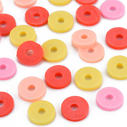 Gold 4 Colors Handmade Polymer Clay Beads, Heishi Beads, Disc/Flat Round, Gold & Orange Red & Pearl Pink & Light Salmon, 8x0.5~1.5mm, Hole: 2mm, about 11500pcs/1000g