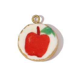 Красный 304 подвески из нержавеющей стали и фарфора, плоские круглые с яблоком, ионное покрытие (ip), реальный 18 k позолоченный, красные, 21x18 мм