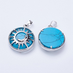 Synthetic Turquoise Synthetic Turquoise Pendants, with Brass Findings, Flat Round with Sun & Moon, Platinum, 31x27.5x8mm, Hole: 5x7mm