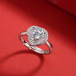 Platino Anillos ajustables de moissanita de 1,5 mm con baño de rodio y pavé de plata esterlina para mujer, corazón, Platino, diámetro interior: 925 mm