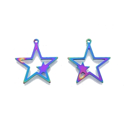 Rainbow Color Ion Plating(IP) 201 Stainless Steel Pendants, Star, Rainbow Color, 26x25x1.5mm, Hole: 1.4mm