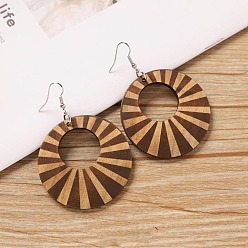 Плоский Круглый Серьги-подвески из сплава дерева, платина, плоско-круглые, 54x50 мм