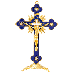Bleu Foncé Statue de croix crucifix en alliage émaillé à caractère religieux, pour la décoration de bureau à domicile, or, bleu foncé, 130x71x209mm