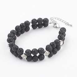 Lavastein Mehrsträngige Armbänder aus natürlichen Lavasteinen, mit Strass, rostfreier Draht und Messing- und Eisenfunde, 7 Zoll (177 mm)
