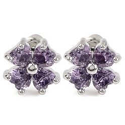 Средний Фиолетовый Серьги-гвоздики клевер с кубическим цирконием, стеллаж для латунных украшений для женщин, платина, средне фиолетовый, 10x10 мм