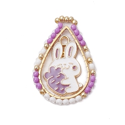 Лиловый Пасхальная тематика стеклянные бусины каплевидной формы с подвесками в виде кроликов, Подвески из эмали и сплава, с золотыми 201 соединительными кольцами из нержавеющей стали, сирень, 31x21x2 мм, отверстие : 1.8 мм