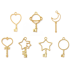 Golden Zinc Alloy Pendants, Open Back Bezel, for DIY UV Resin, Epoxy Resin, Pressed Flower Jewelry, Key, Golden, 37~51.5x20.5~27x2.5~3mm, Hole: 1.6~3mm, 7pcs/set
