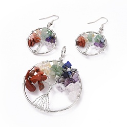 Смешанные камни Комплекты ювелирных изделий из латуни, большие подвески и подвесные серьги, с природных драгоценных камней, платина, Кольцо с деревом жизни, 63~67x49~51x1.5~10 мм, отверстие : 4x5 мм, 50~55x28~30x1.5~8 мм, штифты : 0.8 мм