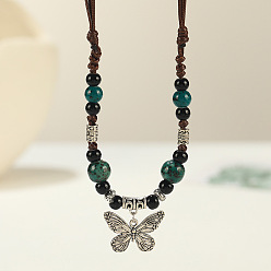 чирок Длинные ожерелья с подвеской в виде бабочки из сплава и фарфора в этническом стиле для женщин, античное серебро, зелено-синие, 15.75~31.50 дюйм (40~80 см)