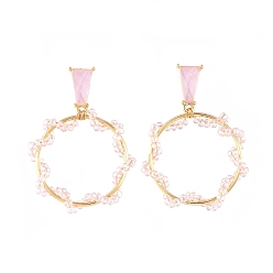Pink Glasperlen baumeln Ohrstecker, mit Messingringe, Ohrmuttern aus Kunststoff, Legierungs-Zubehör, Pappkarton, Blume, rosa, 47 mm, Stift: 0.7 mm