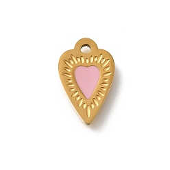Бледно-Розовый 304 из нержавеющей стали шармы эмали, реальный 18 k позолоченный, шарма сердца, розовый жемчуг, 14x9x1 мм, отверстие : 1.4 мм