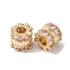 Бледно-Розовый Латунные стеклянные бусины со стразами, колонка, розовый жемчуг, 8.5x6 мм, отверстие : 3.5 мм